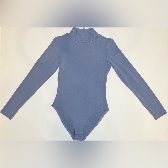 Long Sleeve Mockneck Bodysuit Casual Basic Stretchy Blue Size S - Picture 2 of 6